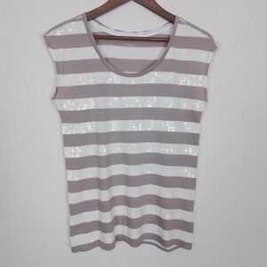 Ann‎ Taylor Loft Women's White Brown Striped Sequin Design Scoop Neck Top